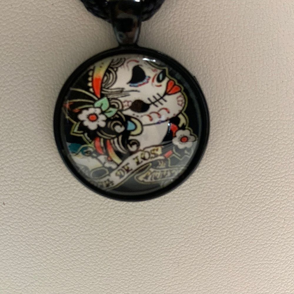 Sugar Skull Pendant, Day of the Dead, Black‎ Cord Necklace,  Gothic, 16 in